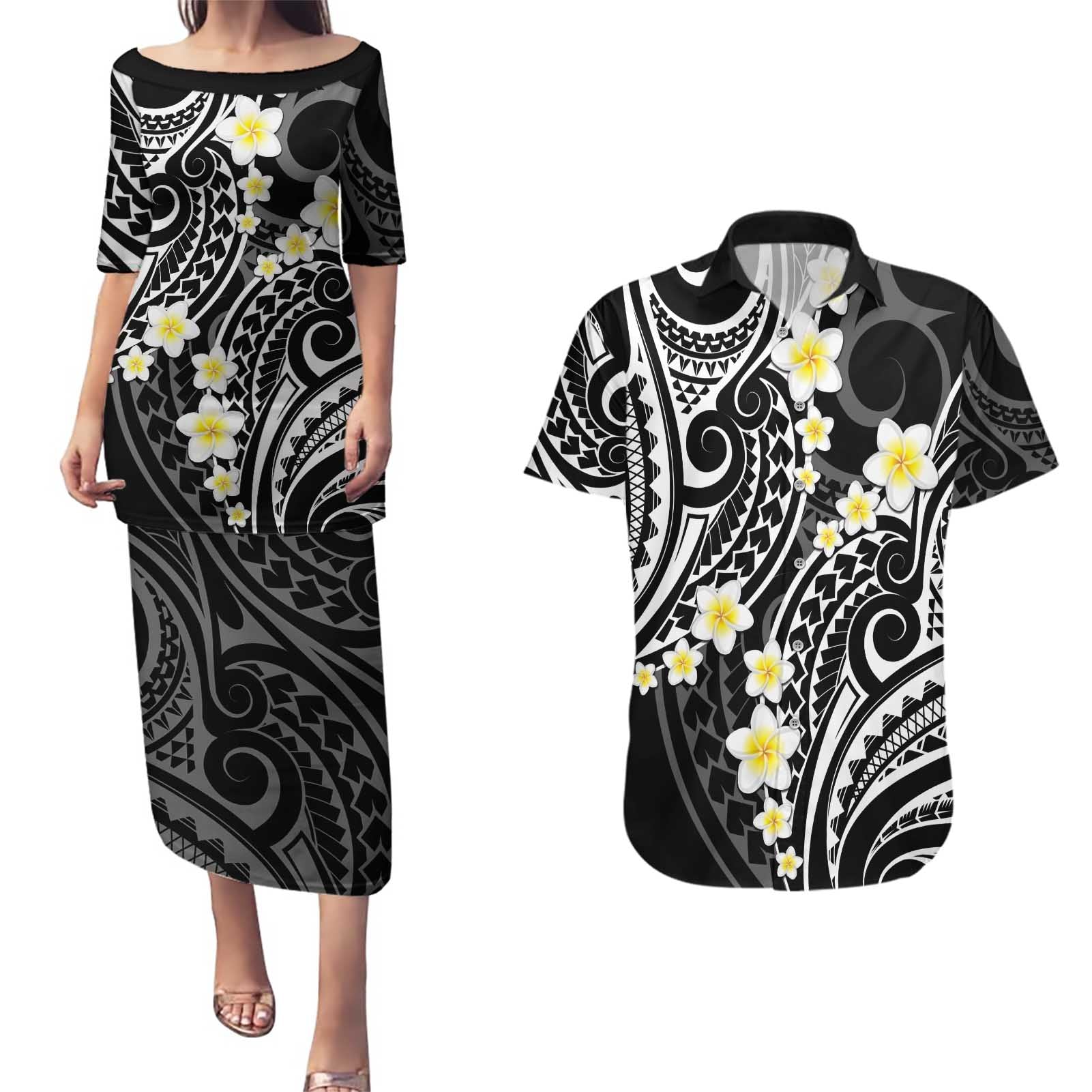 Plumeria With Black Polynesian Tattoo Pattern Couples Matching Puletasi and Hawaiian Shirt