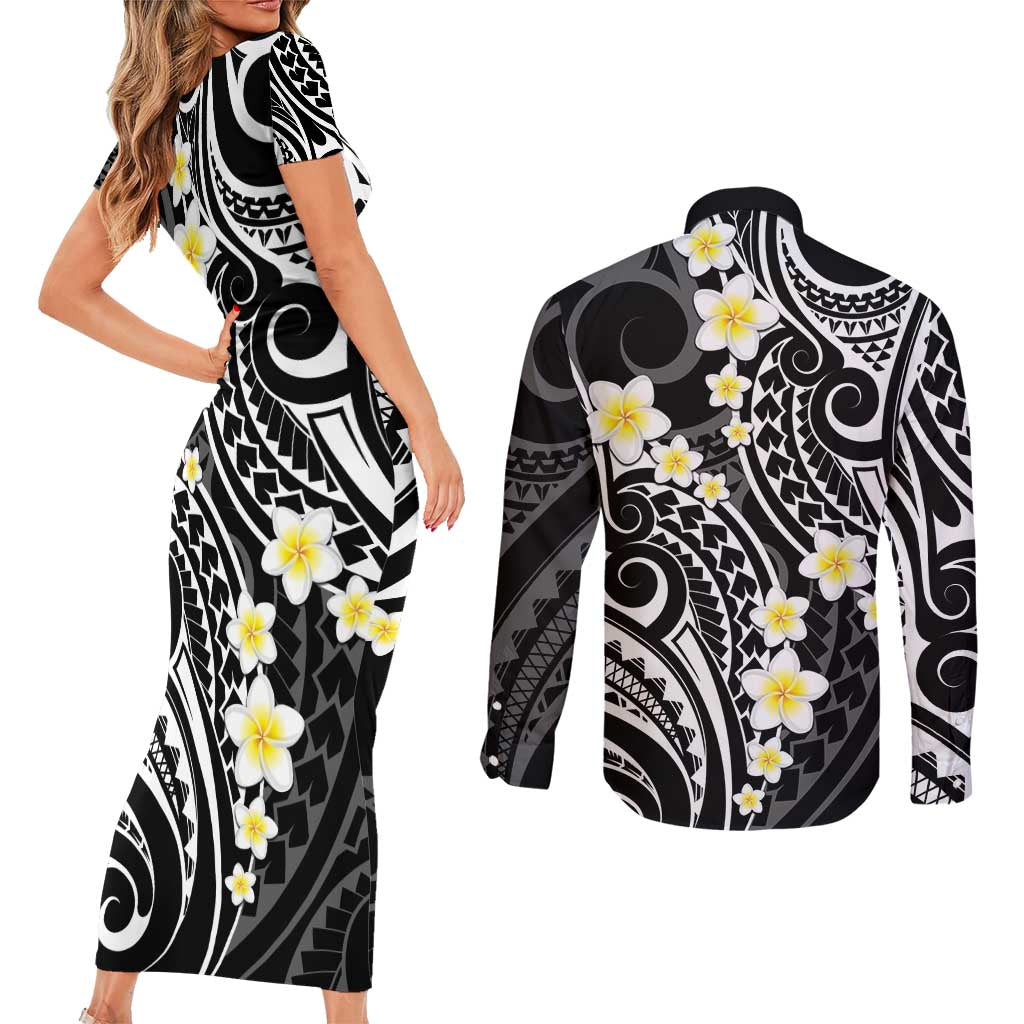 Plumeria With Black Polynesian Tattoo Pattern Couples Matching Short Sleeve Bodycon Dress and Long Sleeve Button Shirt