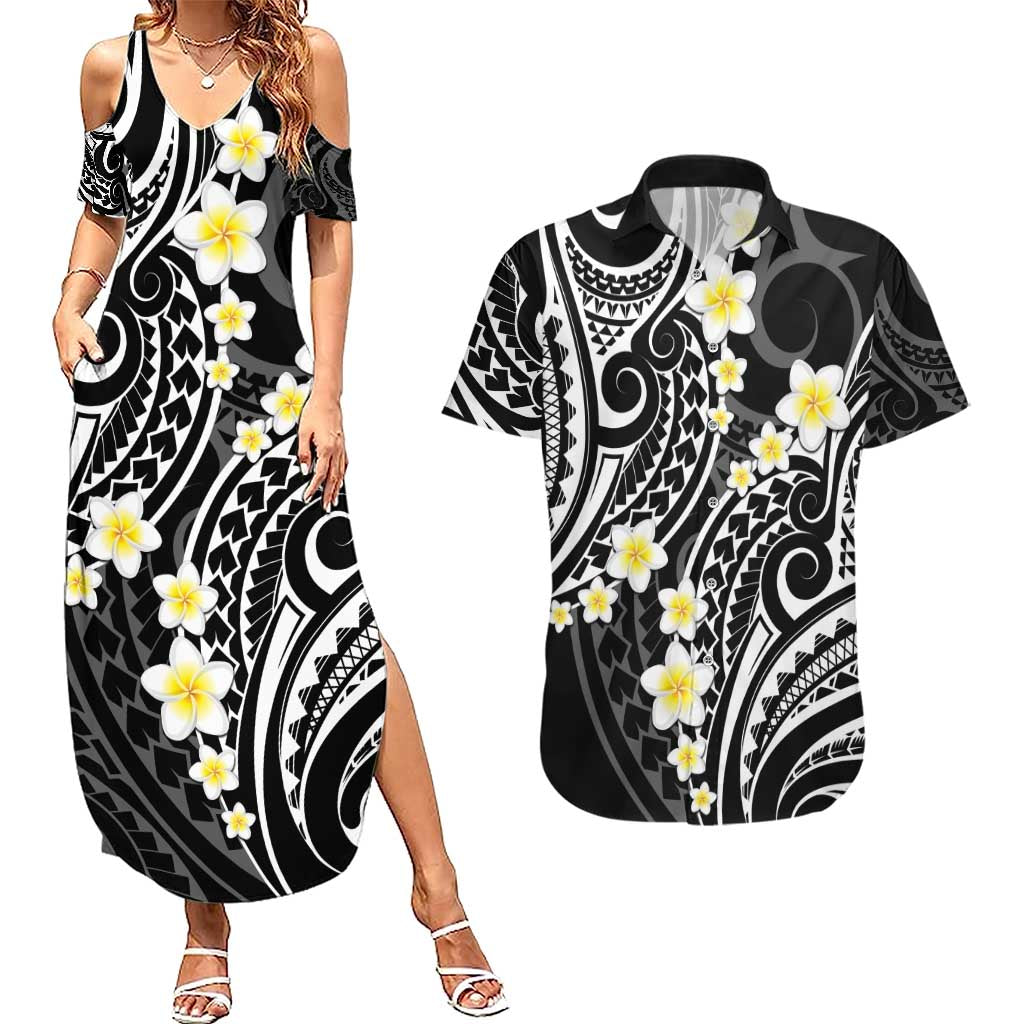 Plumeria With Black Polynesian Tattoo Pattern Couples Matching Summer Maxi Dress and Hawaiian Shirt LT05 Black - Polynesian Pride