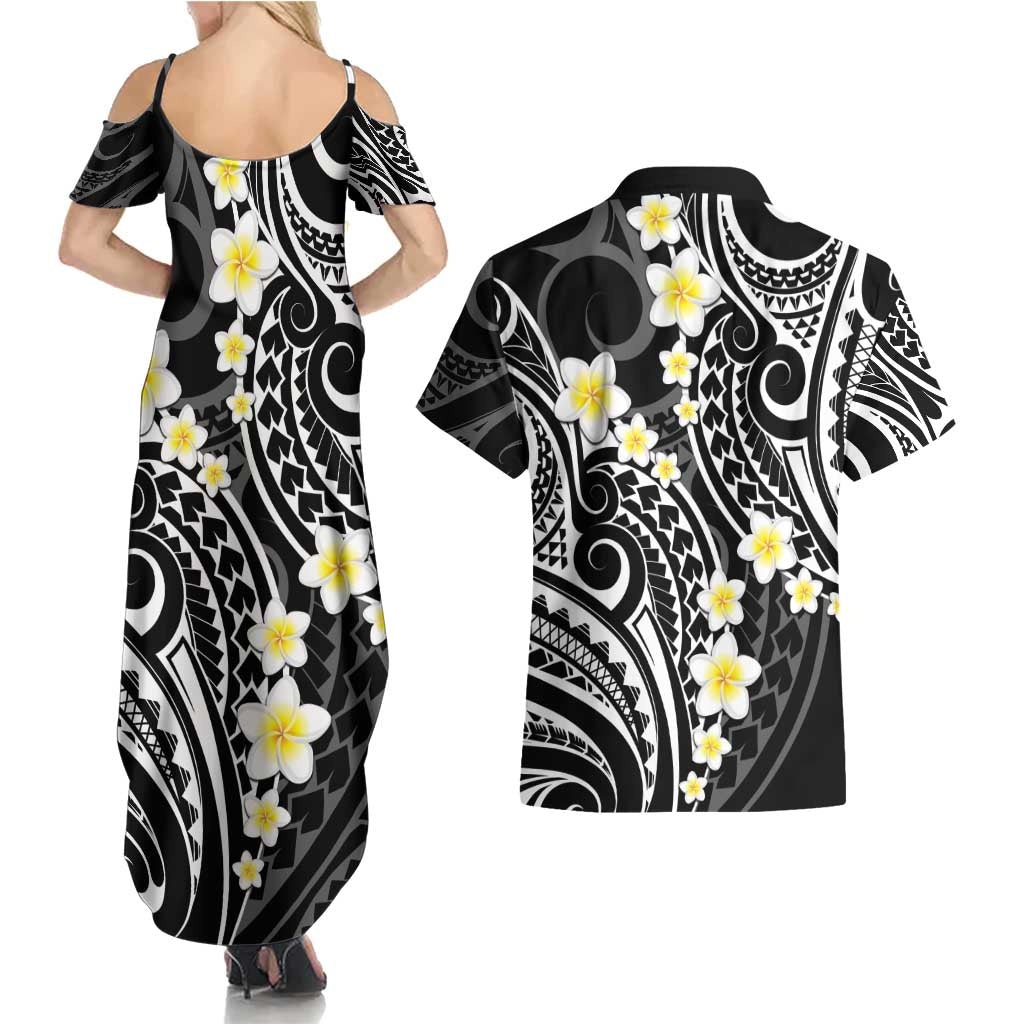 Plumeria With Black Polynesian Tattoo Pattern Couples Matching Summer Maxi Dress and Hawaiian Shirt