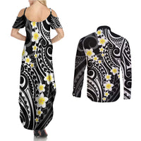 Plumeria With Black Polynesian Tattoo Pattern Couples Matching Summer Maxi Dress and Long Sleeve Button Shirt