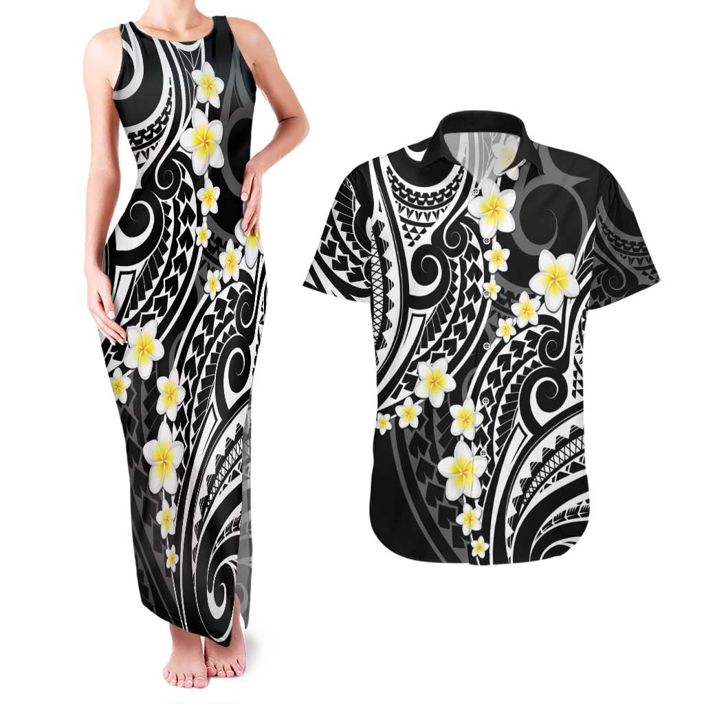 Plumeria With Black Polynesian Tattoo Pattern Couples Matching Tank Maxi Dress and Hawaiian Shirt LT05 Black - Polynesian Pride