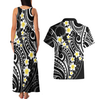 Plumeria With Black Polynesian Tattoo Pattern Couples Matching Tank Maxi Dress and Hawaiian Shirt