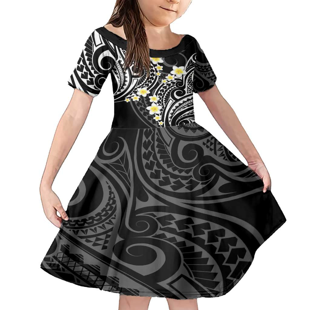 Plumeria With Black Polynesian Tattoo Pattern Family Matching Long Sleeve Bodycon Dress and Hawaiian Shirt LT05 Daughter's Dress Black - Polynesian Pride