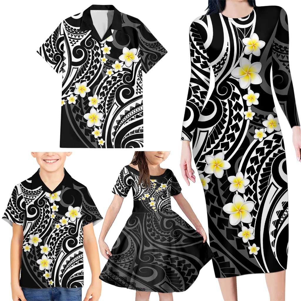 Plumeria With Black Polynesian Tattoo Pattern Family Matching Long Sleeve Bodycon Dress and Hawaiian Shirt LT05 - Polynesian Pride