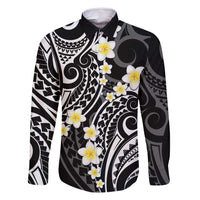 Plumeria With Black Polynesian Tattoo Pattern Family Matching Long Sleeve Bodycon Dress and Hawaiian Shirt LT05 Dad's Shirt - Long Sleeve Black - Polynesian Pride