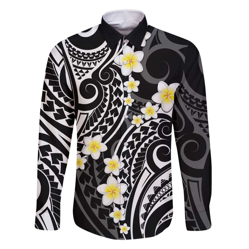 Plumeria With Black Polynesian Tattoo Pattern Family Matching Mermaid Dress and Hawaiian Shirt LT05 Dad's Shirt - Long Sleeve Black - Polynesian Pride