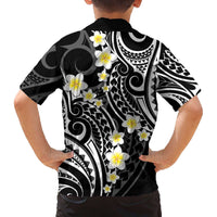 Plumeria With Black Polynesian Tattoo Pattern Family Matching Off The Shoulder Long Sleeve Dress and Hawaiian Shirt
