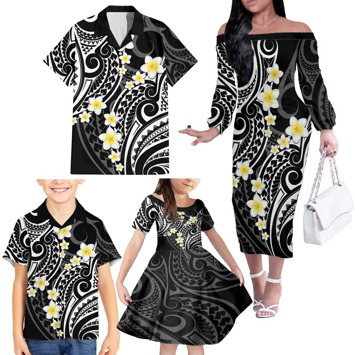 Plumeria With Black Polynesian Tattoo Pattern Family Matching Off The Shoulder Long Sleeve Dress and Hawaiian Shirt LT05 - Polynesian Pride