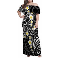 Plumeria With Black Polynesian Tattoo Pattern Family Matching Off Shoulder Maxi Dress and Hawaiian Shirt