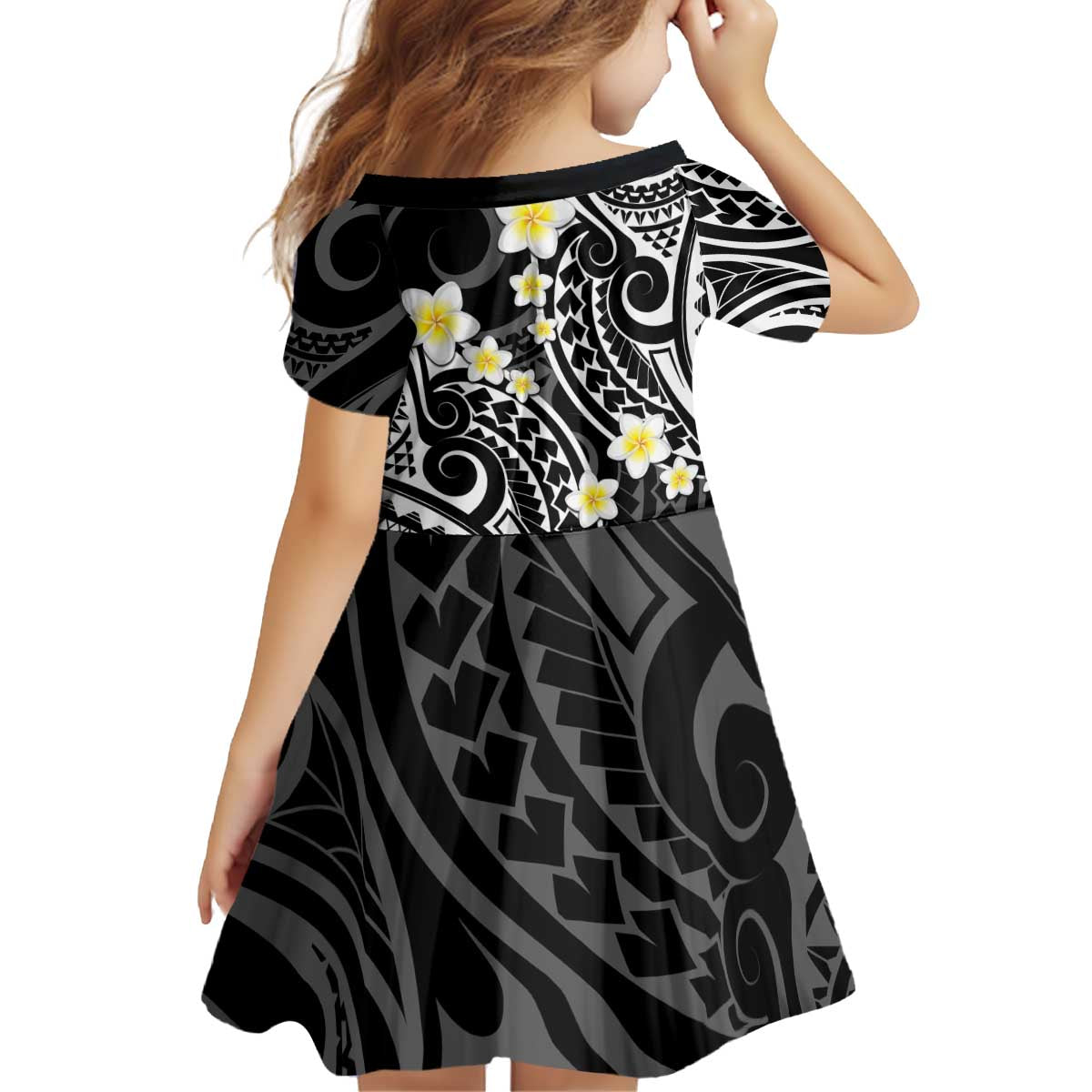 Plumeria With Black Polynesian Tattoo Pattern Family Matching Off Shoulder Short Dress and Hawaiian Shirt