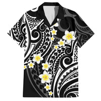 Plumeria With Black Polynesian Tattoo Pattern Family Matching Off Shoulder Short Dress and Hawaiian Shirt