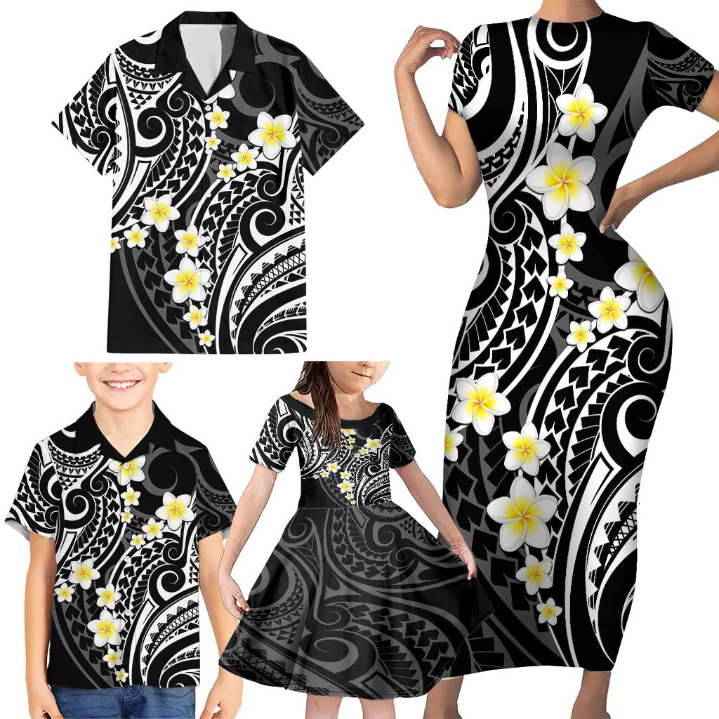 Plumeria With Black Polynesian Tattoo Pattern Family Matching Short Sleeve Bodycon Dress and Hawaiian Shirt LT05 - Polynesian Pride