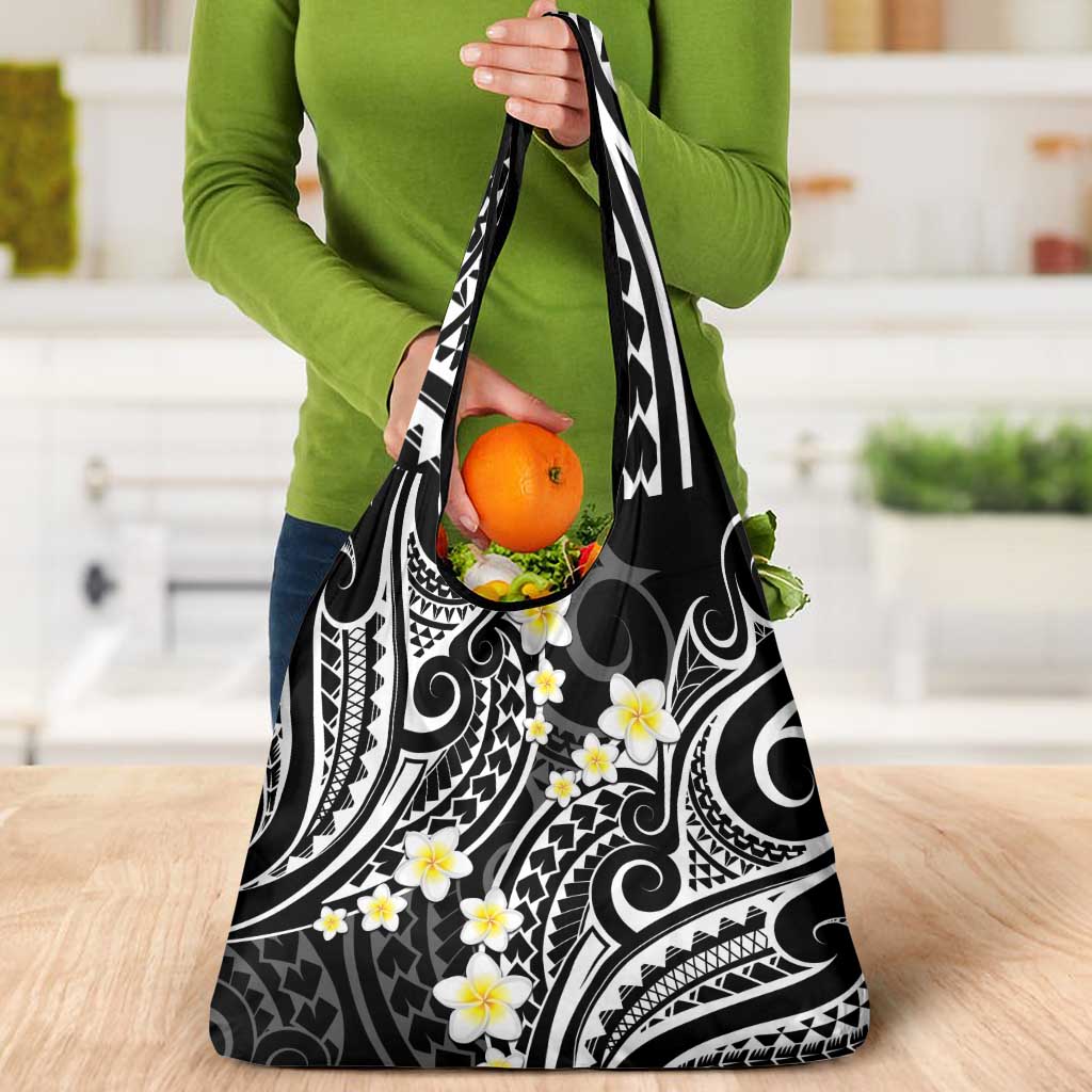 Plumeria With Black Polynesian Tattoo Pattern Grocery Bag
