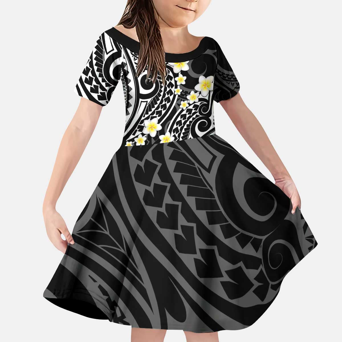Plumeria With Black Polynesian Tattoo Pattern Kid Short Sleeve Dress