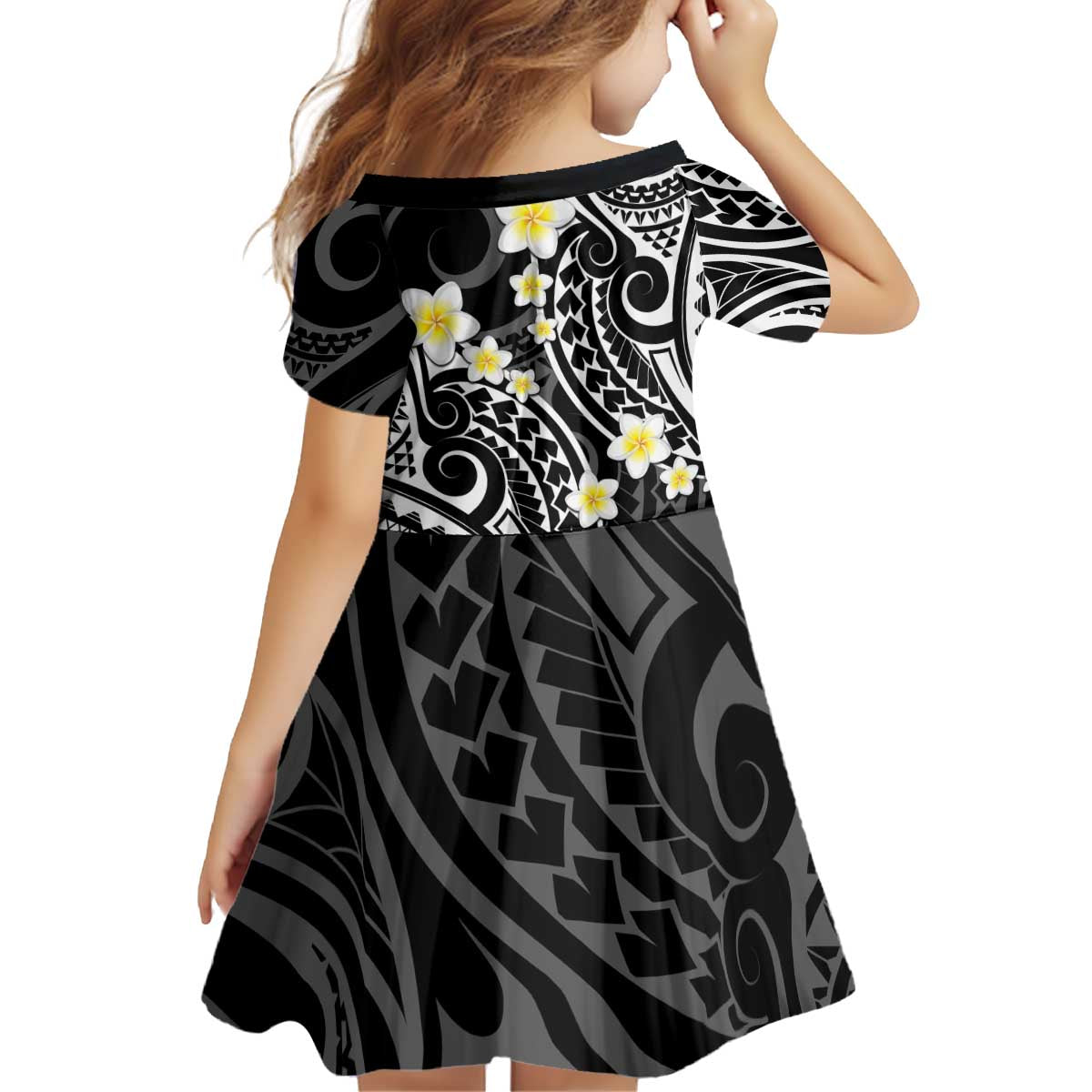 Plumeria With Black Polynesian Tattoo Pattern Kid Short Sleeve Dress