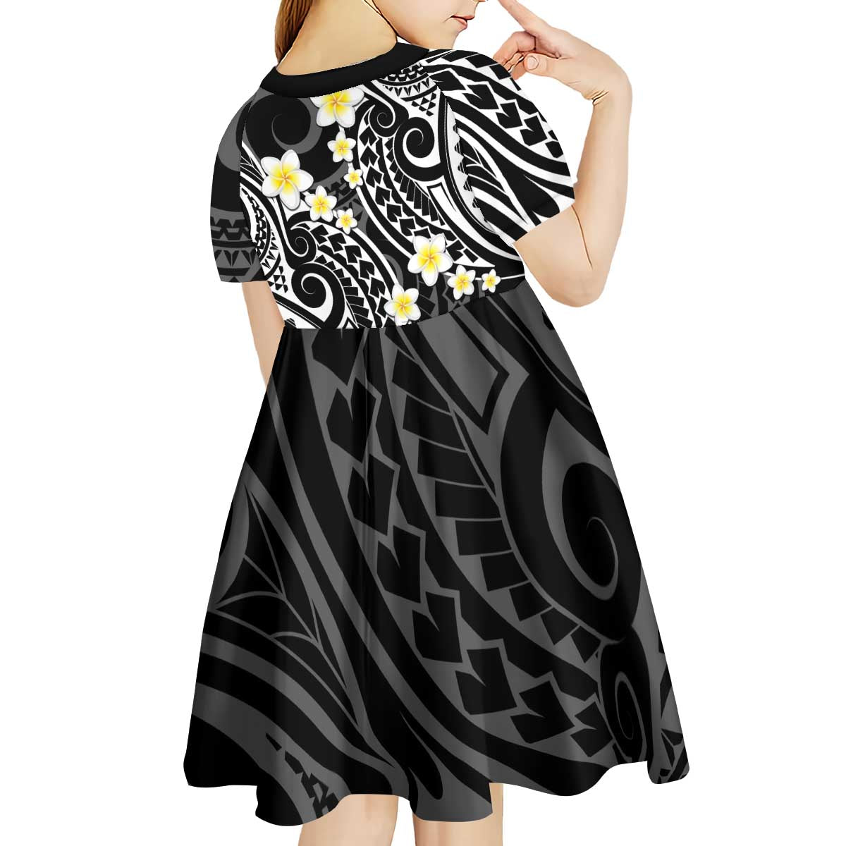 Plumeria With Black Polynesian Tattoo Pattern Kid Short Sleeve Dress