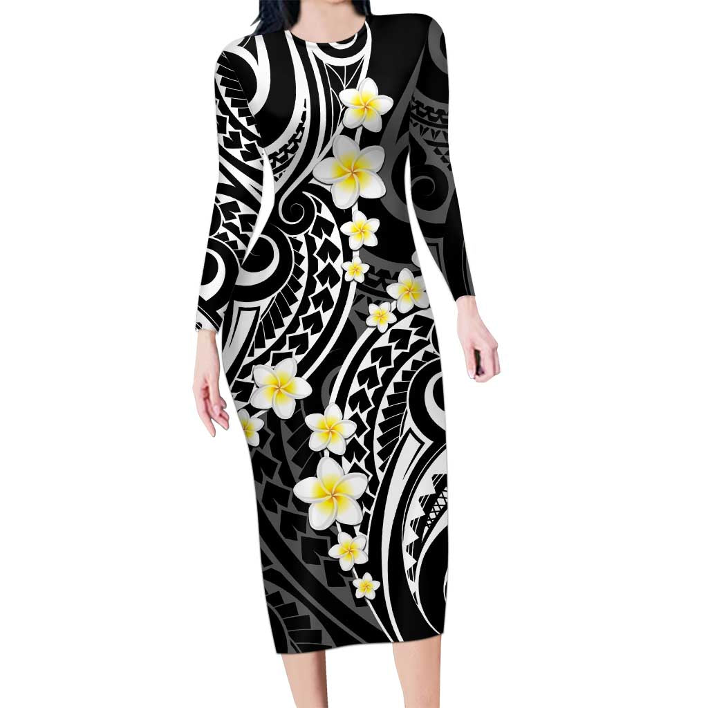 Plumeria With Black Polynesian Tattoo Pattern Long Sleeve Bodycon Dress LT05 Long Dress Black - Polynesian Pride