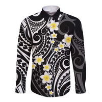 Plumeria With Black Polynesian Tattoo Pattern Long Sleeve Button Shirt LT05 Unisex Black - Polynesian Pride