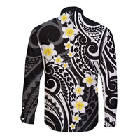 Plumeria With Black Polynesian Tattoo Pattern Long Sleeve Button Shirt LT05 - Polynesian Pride