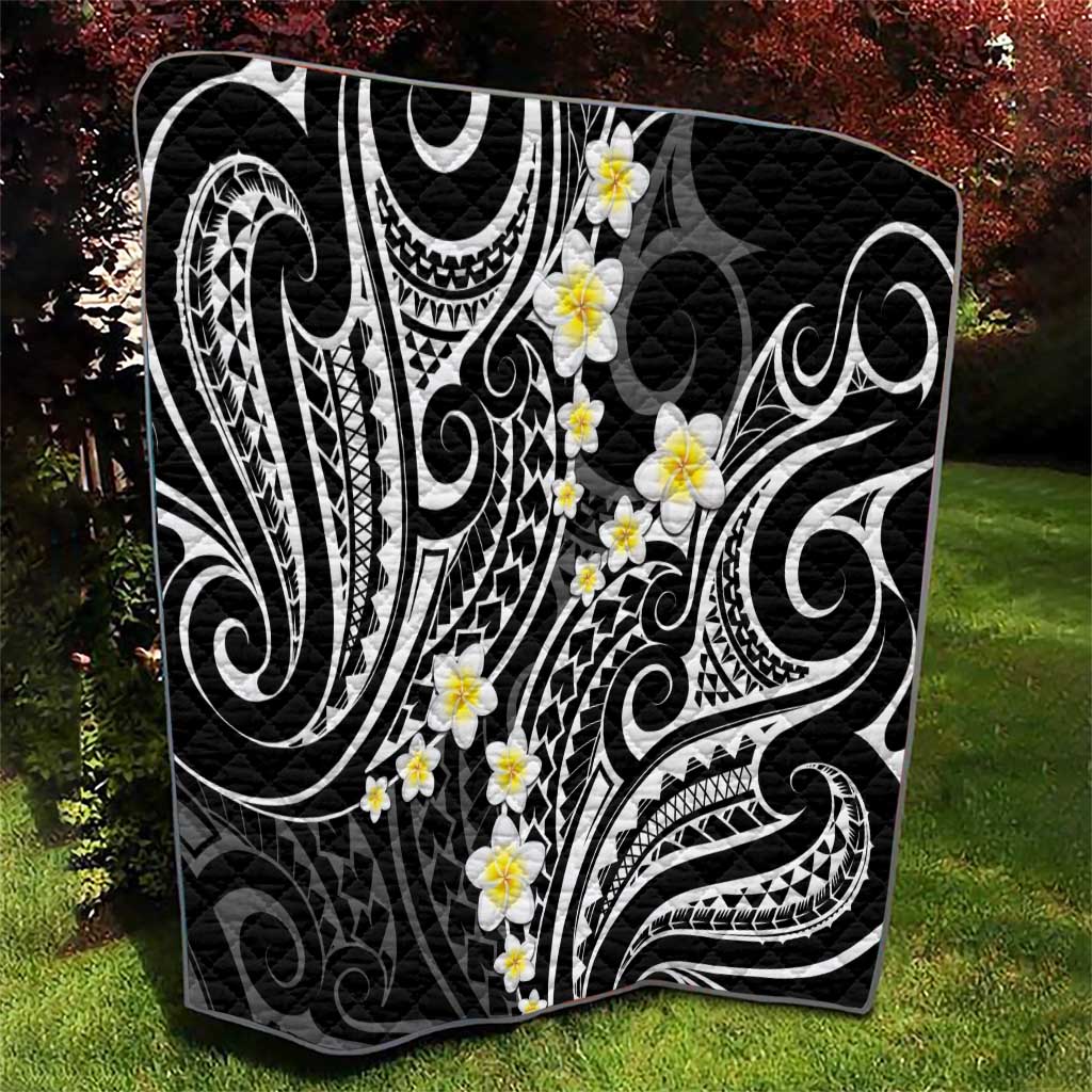 Plumeria With Black Polynesian Tattoo Pattern Quilt