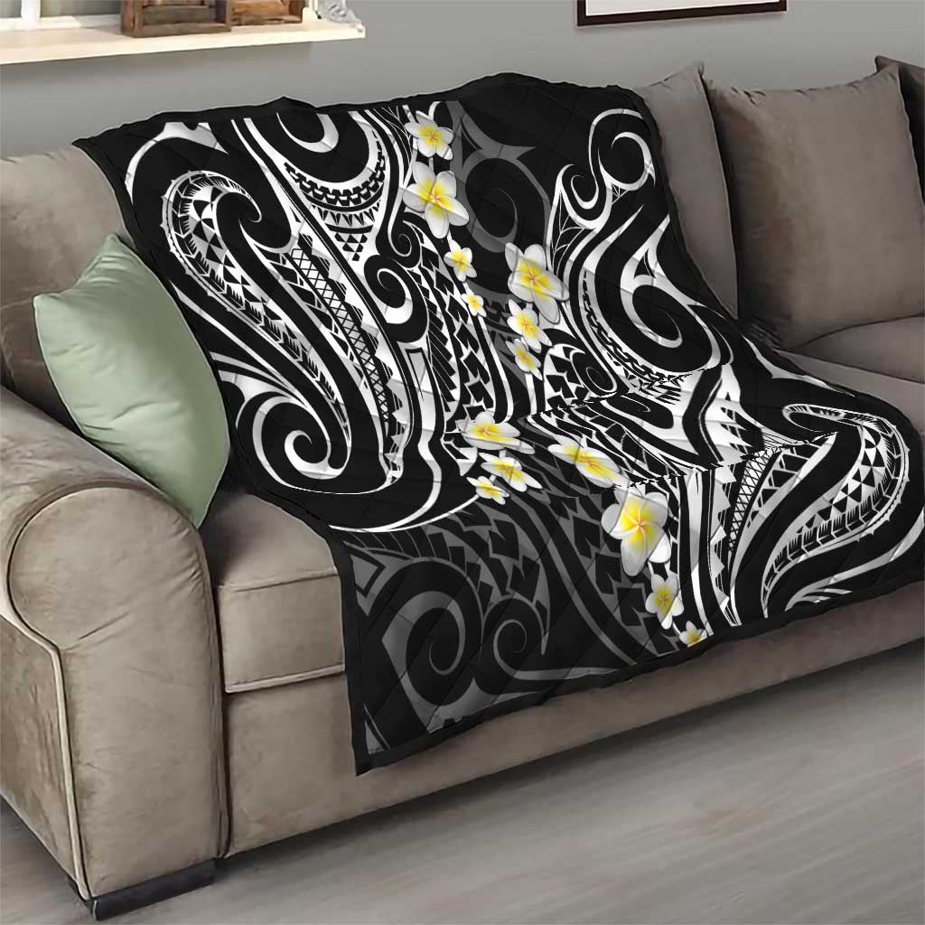 Plumeria With Black Polynesian Tattoo Pattern Quilt
