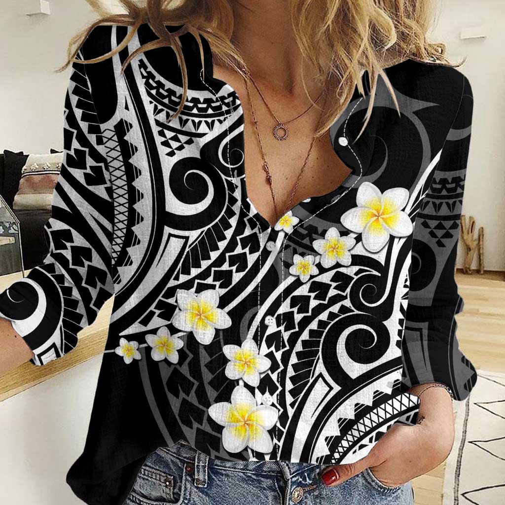 Plumeria With Black Polynesian Tattoo Pattern Women Casual Shirt