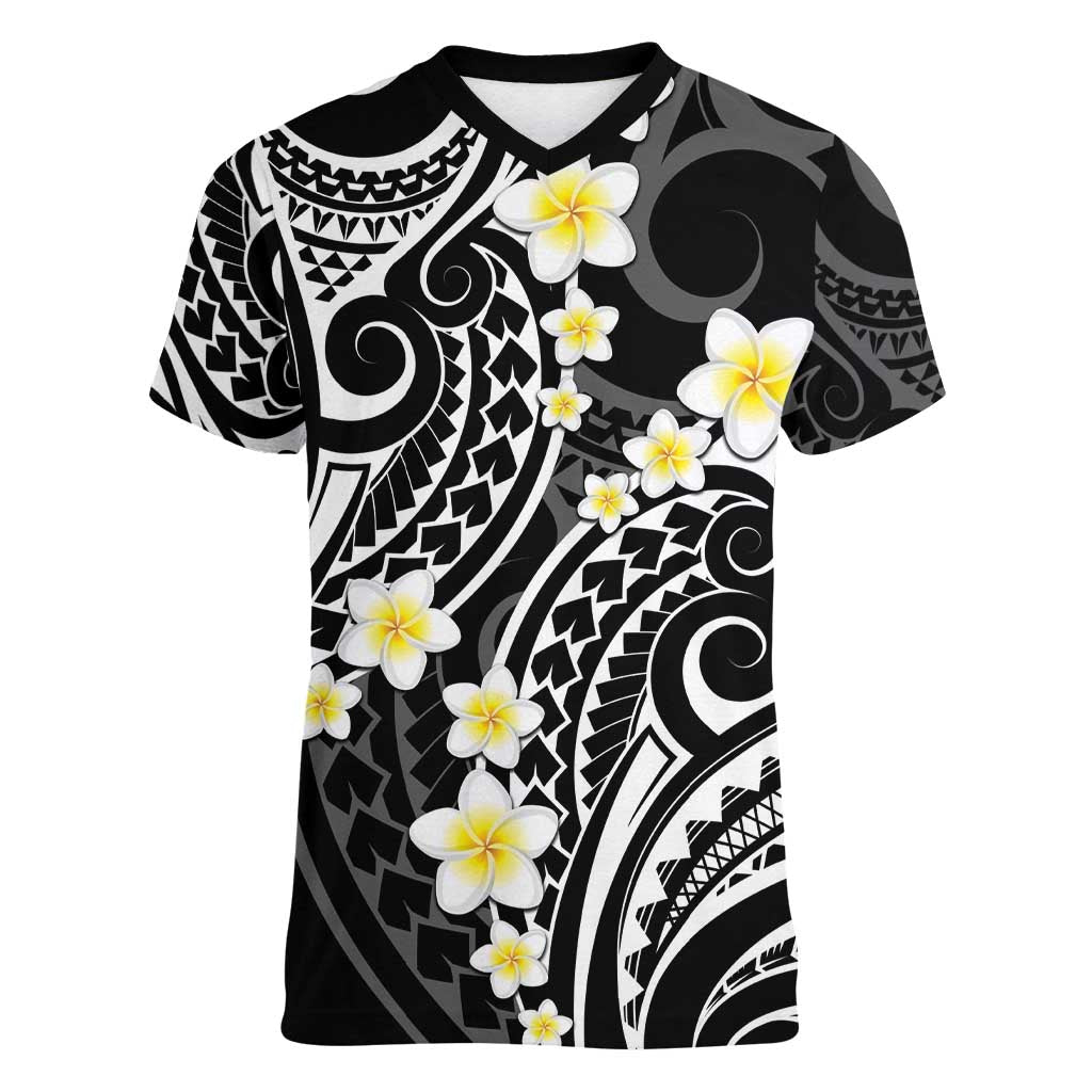 Plumeria With Black Polynesian Tattoo Pattern Women V-Neck T-Shirt LT05 Female Black - Polynesian Pride
