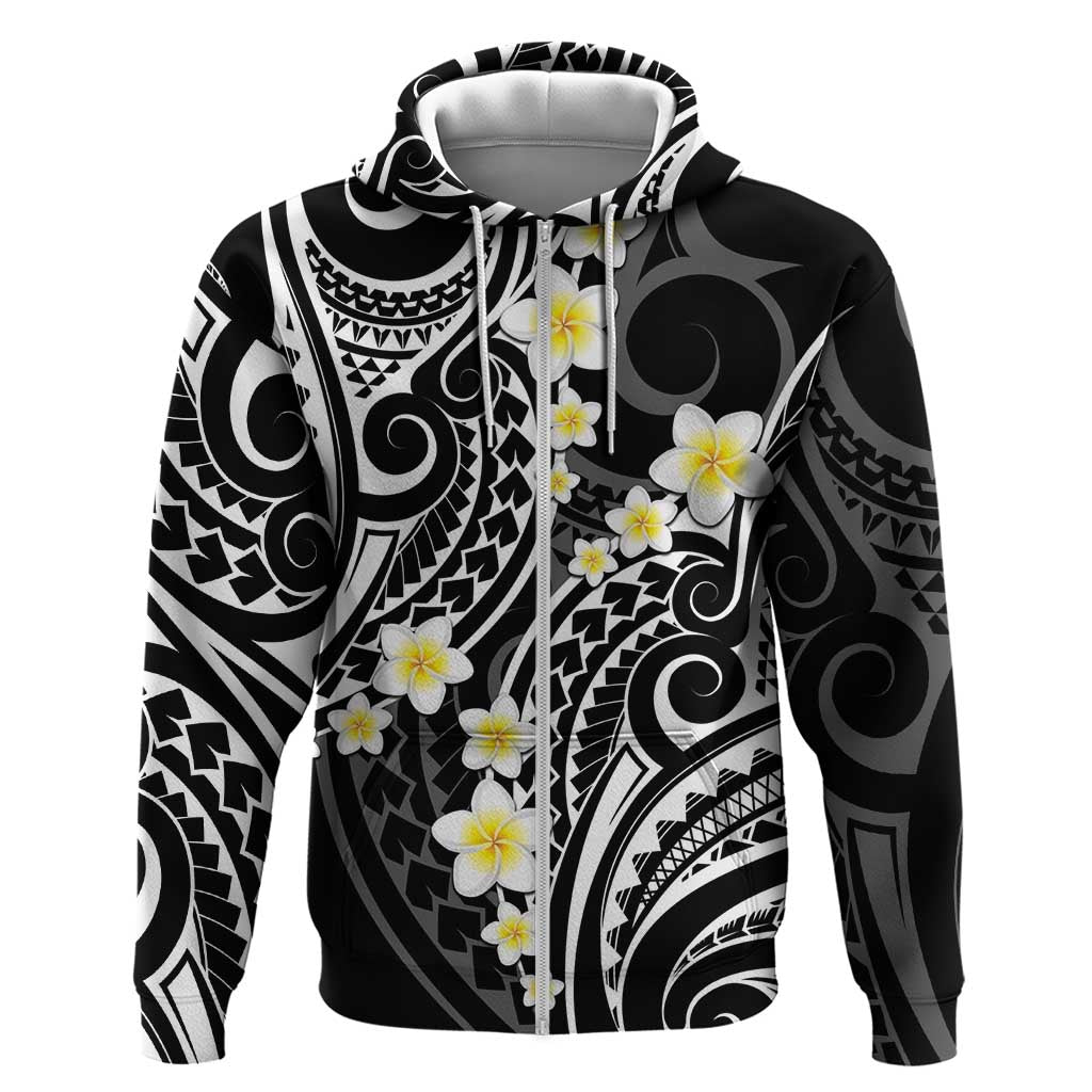 Plumeria With Black Polynesian Tattoo Pattern Zip Hoodie LT05 Zip Hoodie Black - Polynesian Pride