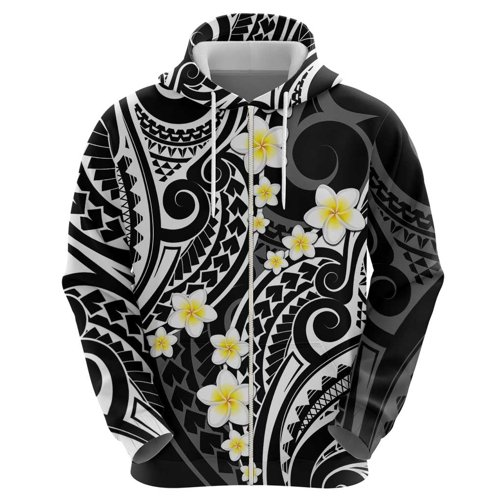 Plumeria With Black Polynesian Tattoo Pattern Zip Hoodie LT05 - Polynesian Pride