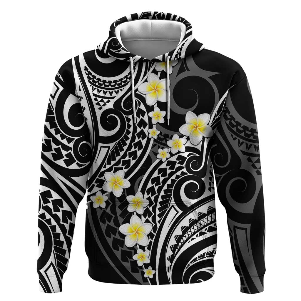 Plumeria With Black Polynesian Tattoo Pattern Zip Hoodie LT05 Pullover Hoodie Black - Polynesian Pride