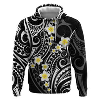 Plumeria With Black Polynesian Tattoo Pattern Zip Hoodie LT05 Pullover Hoodie Black - Polynesian Pride