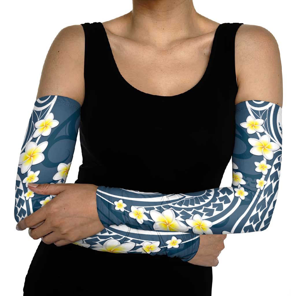 Plumeria With Blue Polynesian Tattoo Pattern Arm Sleeves - Polynesian Pride