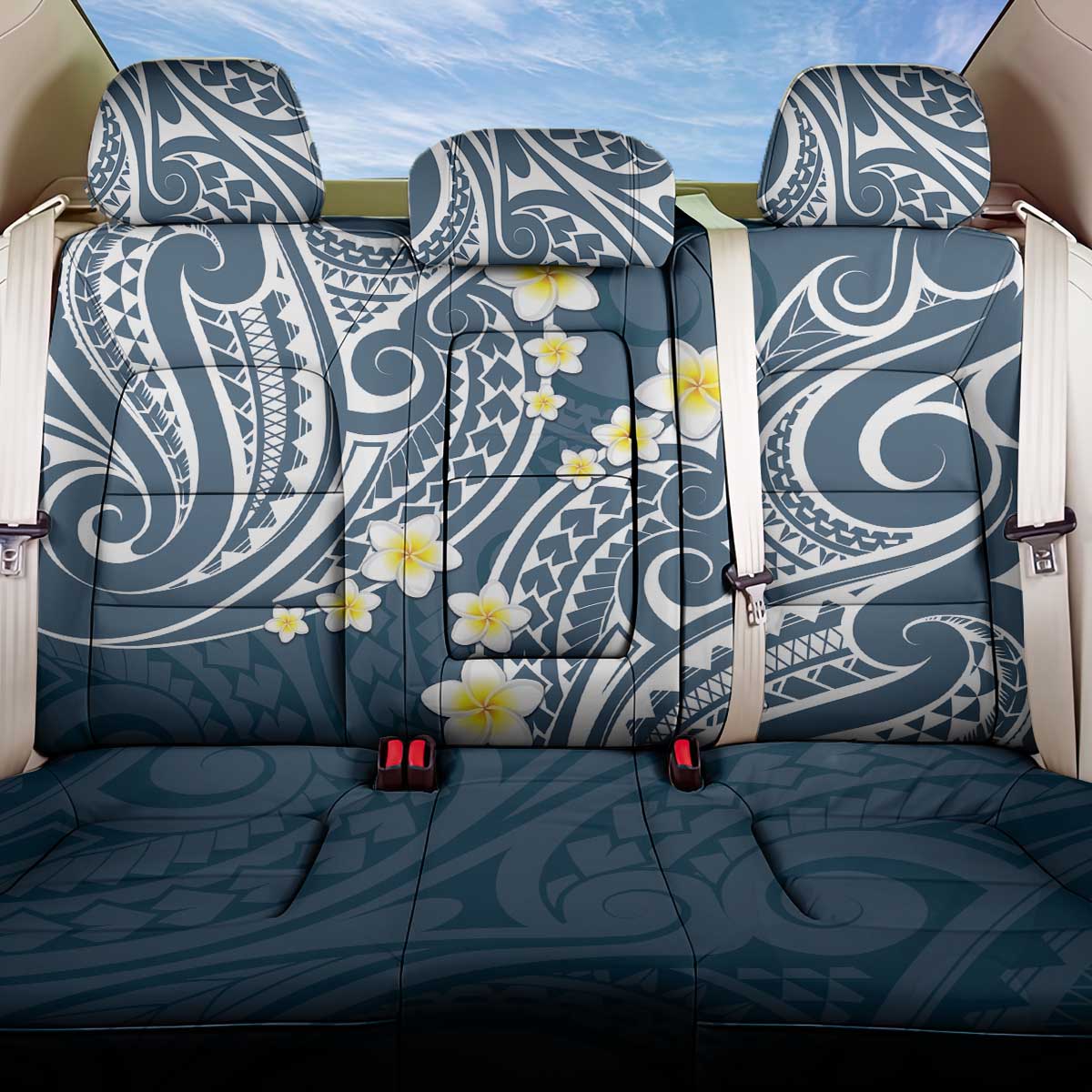Plumeria With Blue Polynesian Tattoo Pattern Back Car Seat Cover LT05 One Size Blue - Polynesian Pride
