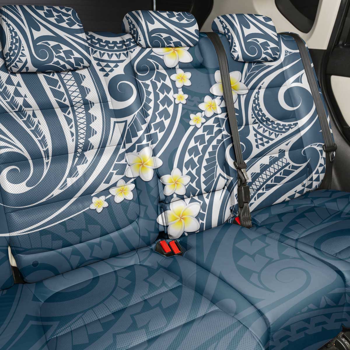 Plumeria With Blue Polynesian Tattoo Pattern Back Car Seat Cover LT05 - Polynesian Pride