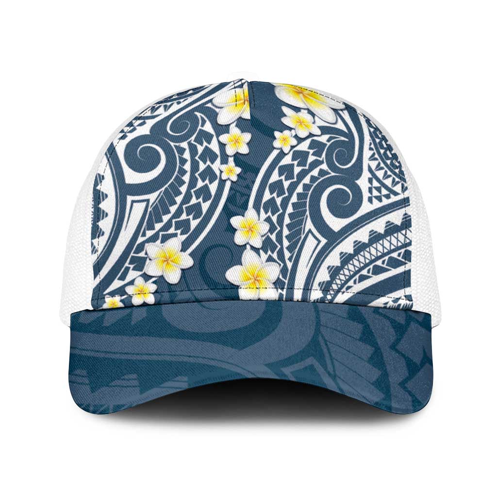 Plumeria With Blue Polynesian Tattoo Pattern Baseball Net Cap - Polynesian Pride