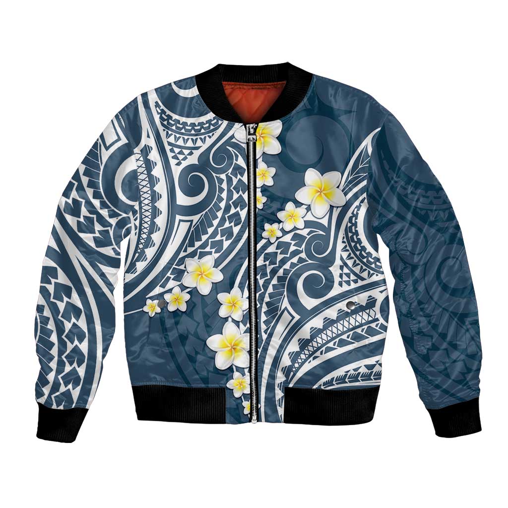 Plumeria With Blue Polynesian Tattoo Pattern Bomber Jacket LT05 Unisex Blue - Polynesian Pride