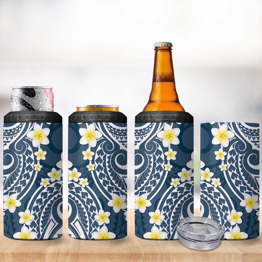 Plumeria With Blue Polynesian Tattoo Pattern 4 in 1 Can Cooler Tumbler
