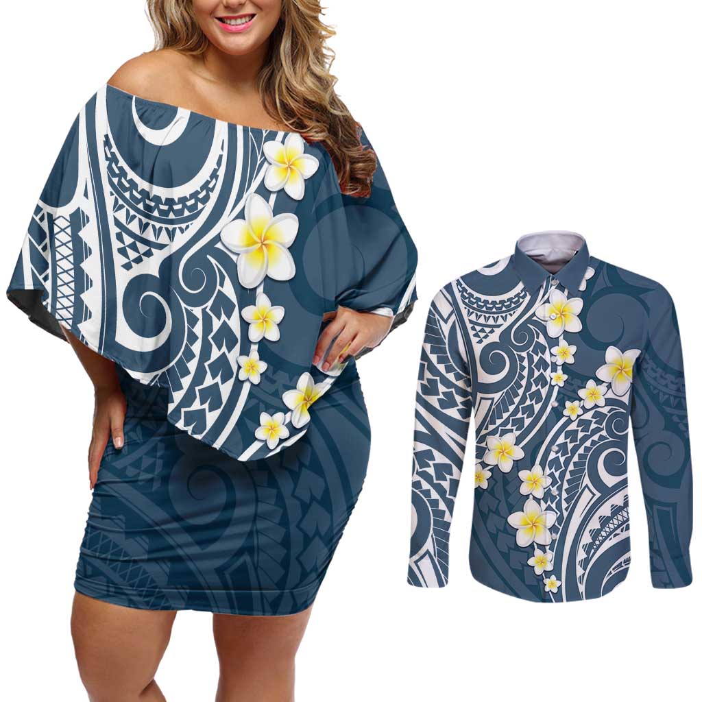 Plumeria With Blue Polynesian Tattoo Pattern Couples Matching Off Shoulder Short Dress and Long Sleeve Button Shirt LT05 Blue - Polynesian Pride