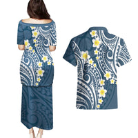 Plumeria With Blue Polynesian Tattoo Pattern Couples Matching Puletasi and Hawaiian Shirt
