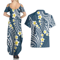 Plumeria With Blue Polynesian Tattoo Pattern Couples Matching Summer Maxi Dress and Hawaiian Shirt