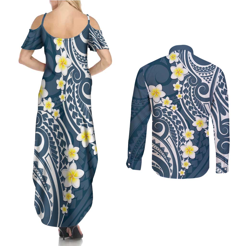 Plumeria With Blue Polynesian Tattoo Pattern Couples Matching Summer Maxi Dress and Long Sleeve Button Shirt