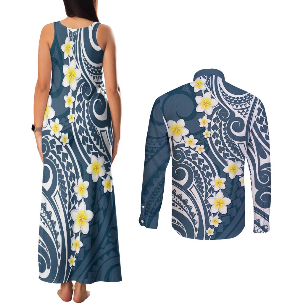 Plumeria With Blue Polynesian Tattoo Pattern Couples Matching Tank Maxi Dress and Long Sleeve Button Shirt