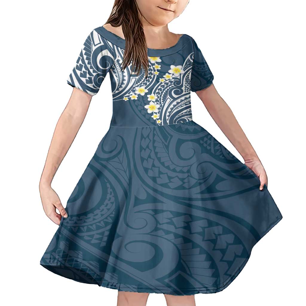 Plumeria With Blue Polynesian Tattoo Pattern Family Matching Long Sleeve Bodycon Dress and Hawaiian Shirt LT05 Daughter's Dress Blue - Polynesian Pride