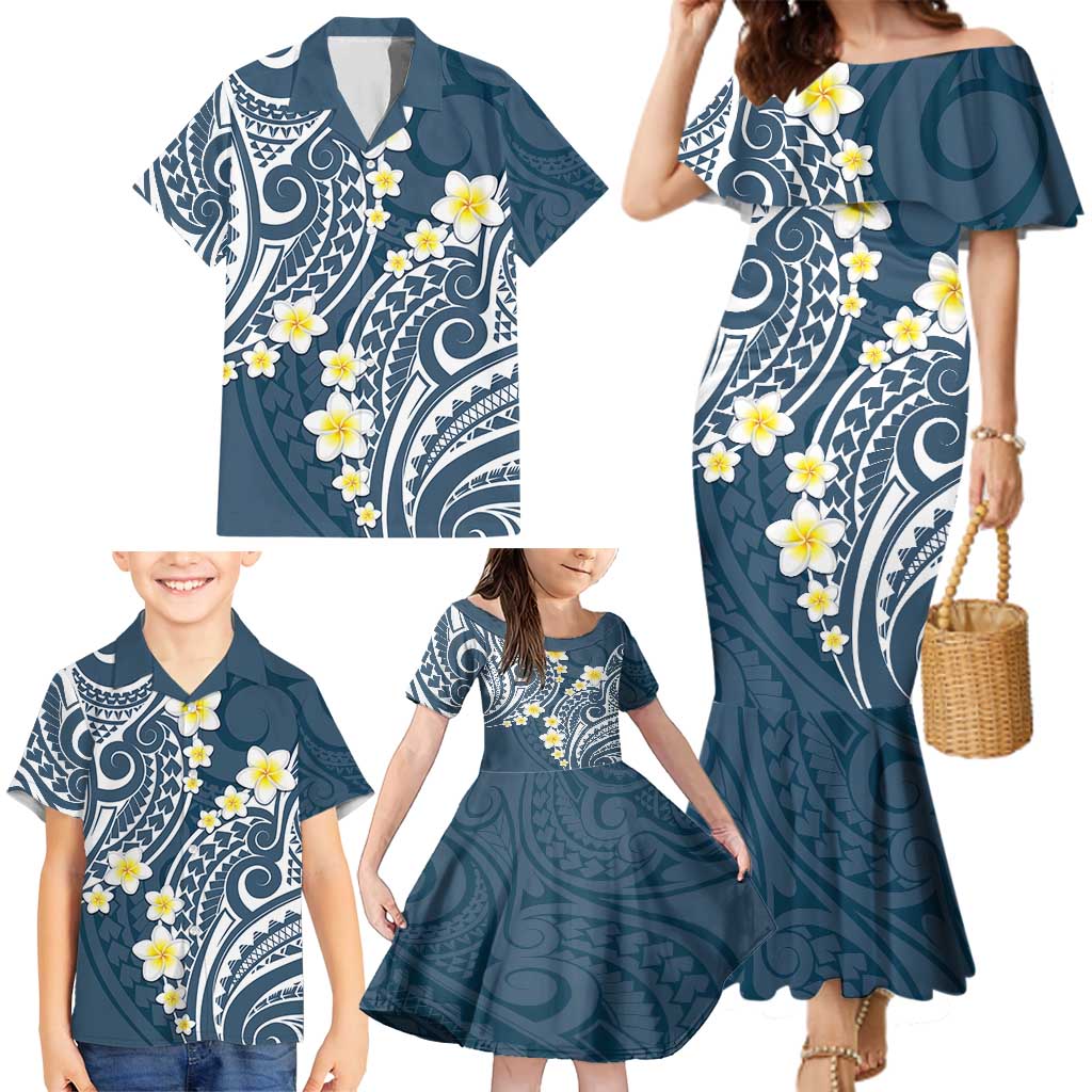 Plumeria With Blue Polynesian Tattoo Pattern Family Matching Mermaid Dress and Hawaiian Shirt