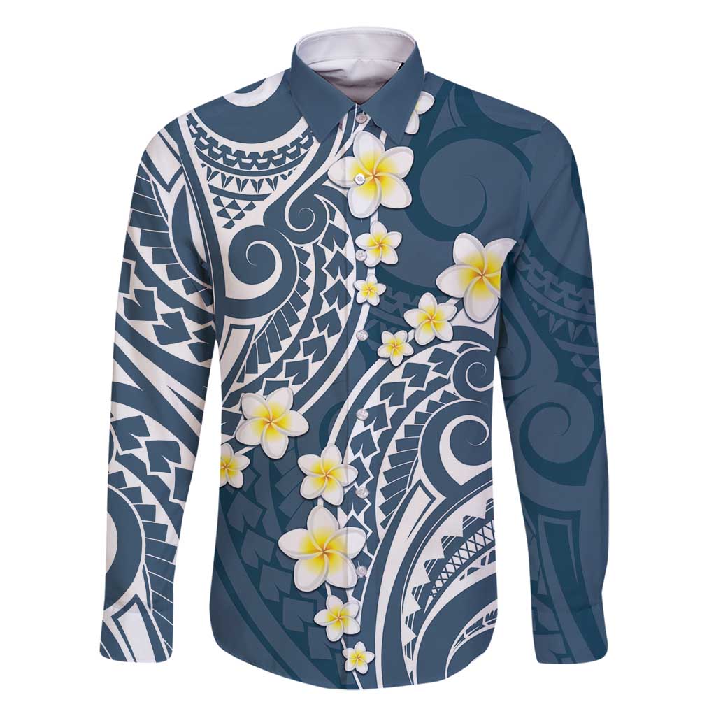 Plumeria With Blue Polynesian Tattoo Pattern Family Matching Mermaid Dress and Hawaiian Shirt LT05 Dad's Shirt - Long Sleeve Blue - Polynesian Pride