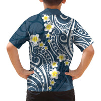 Plumeria With Blue Polynesian Tattoo Pattern Family Matching Off The Shoulder Long Sleeve Dress and Hawaiian Shirt