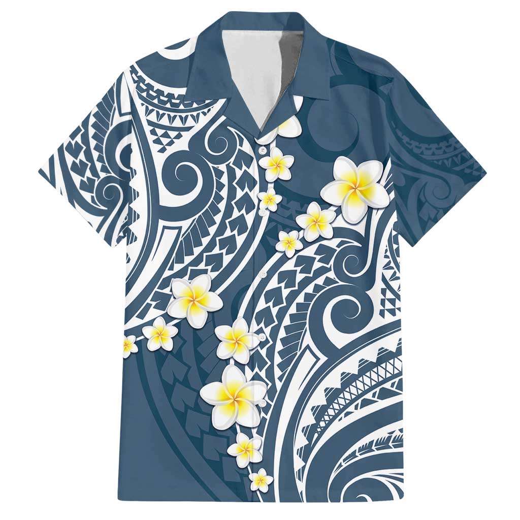 Plumeria With Blue Polynesian Tattoo Pattern Family Matching Off Shoulder Maxi Dress and Hawaiian Shirt