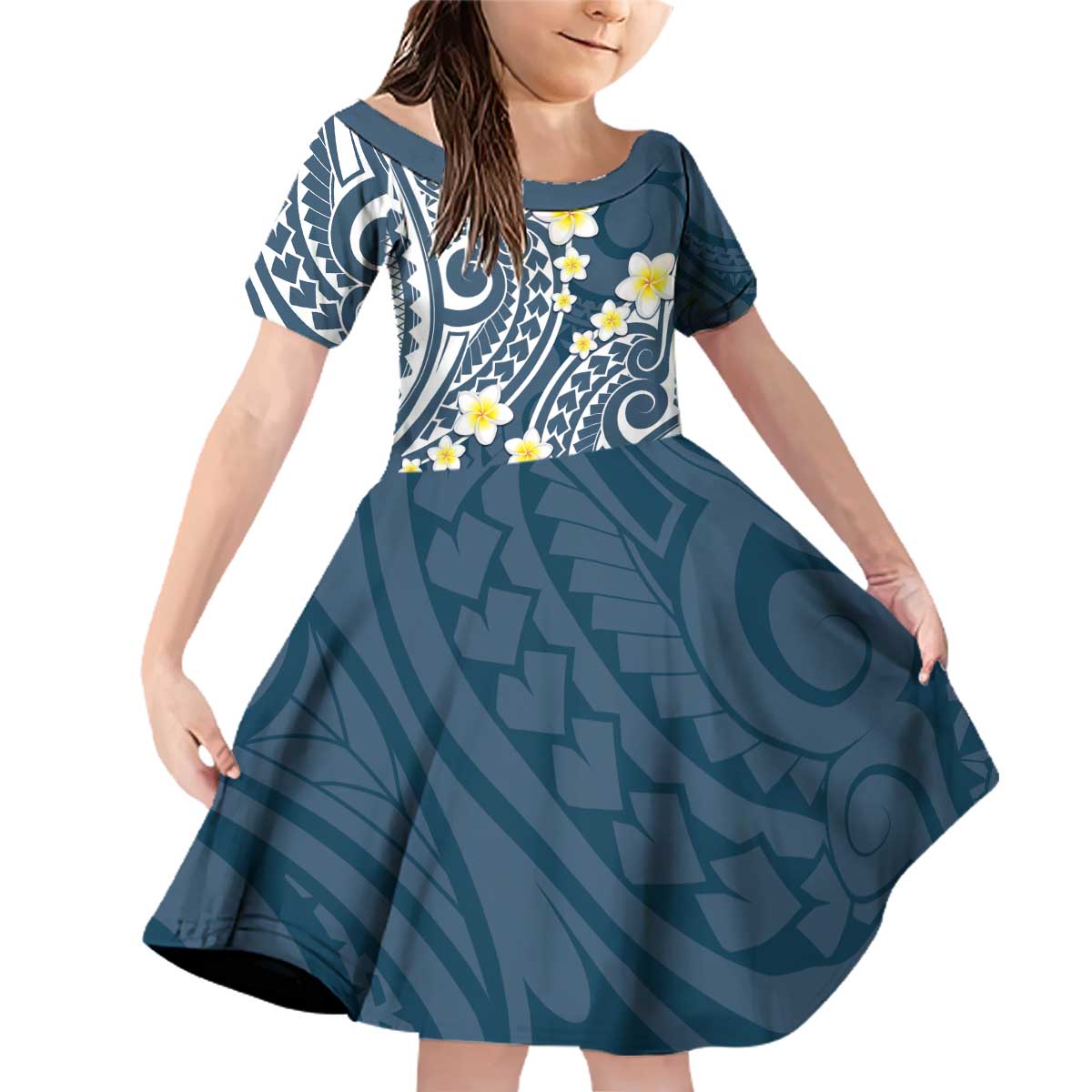 Plumeria With Blue Polynesian Tattoo Pattern Family Matching Off Shoulder Short Dress and Hawaiian Shirt LT05 Daughter's Dress Blue - Polynesian Pride