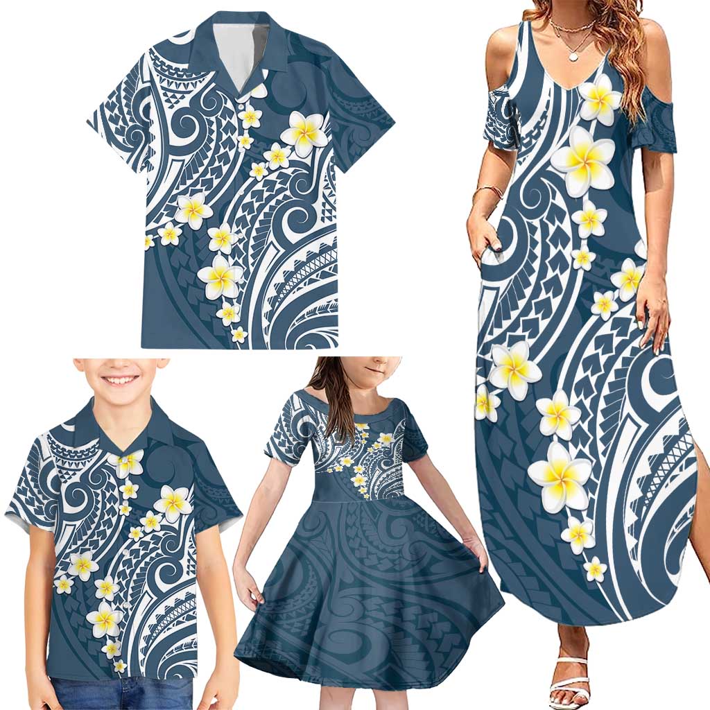 Plumeria With Blue Polynesian Tattoo Pattern Family Matching Summer Maxi Dress and Hawaiian Shirt LT05 - Polynesian Pride